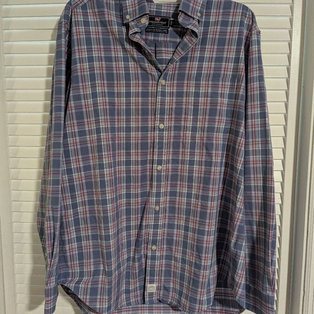 Vineyard Vines Large Performance Classic Fit Murray Plaid Shirt - Navy & Red - Picture 6 of 7